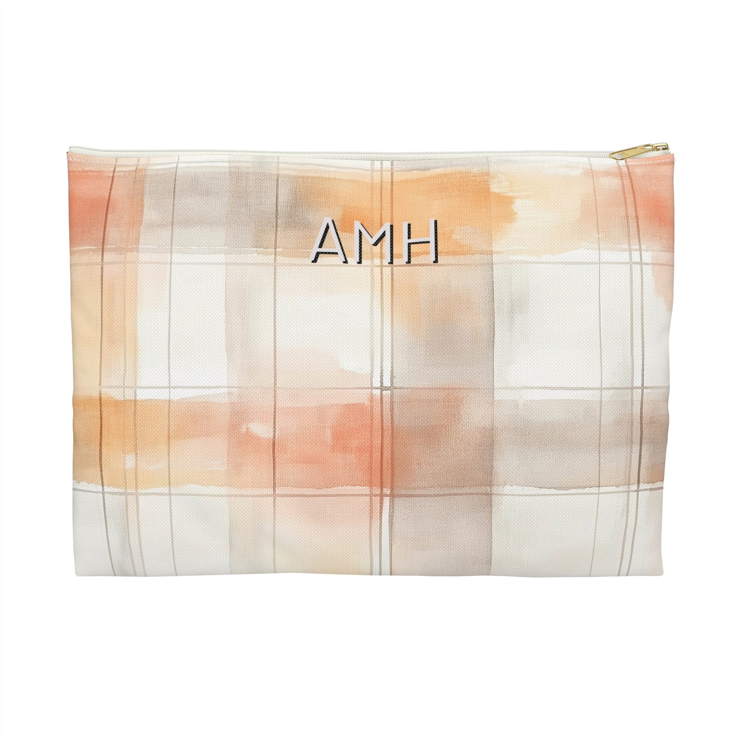 Plaid patterned pouch with 'AMH' initials on a white background