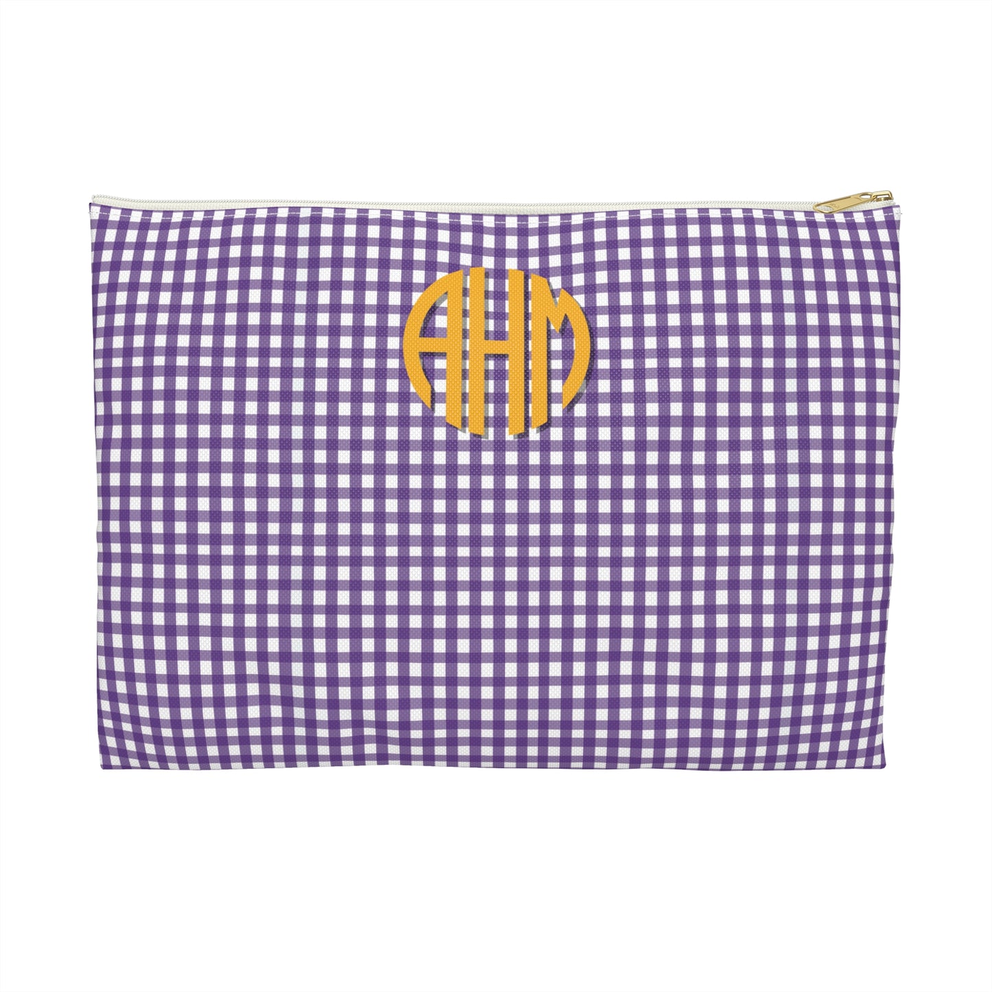 Purple and white checkered pouch with yellow monogram on a white background