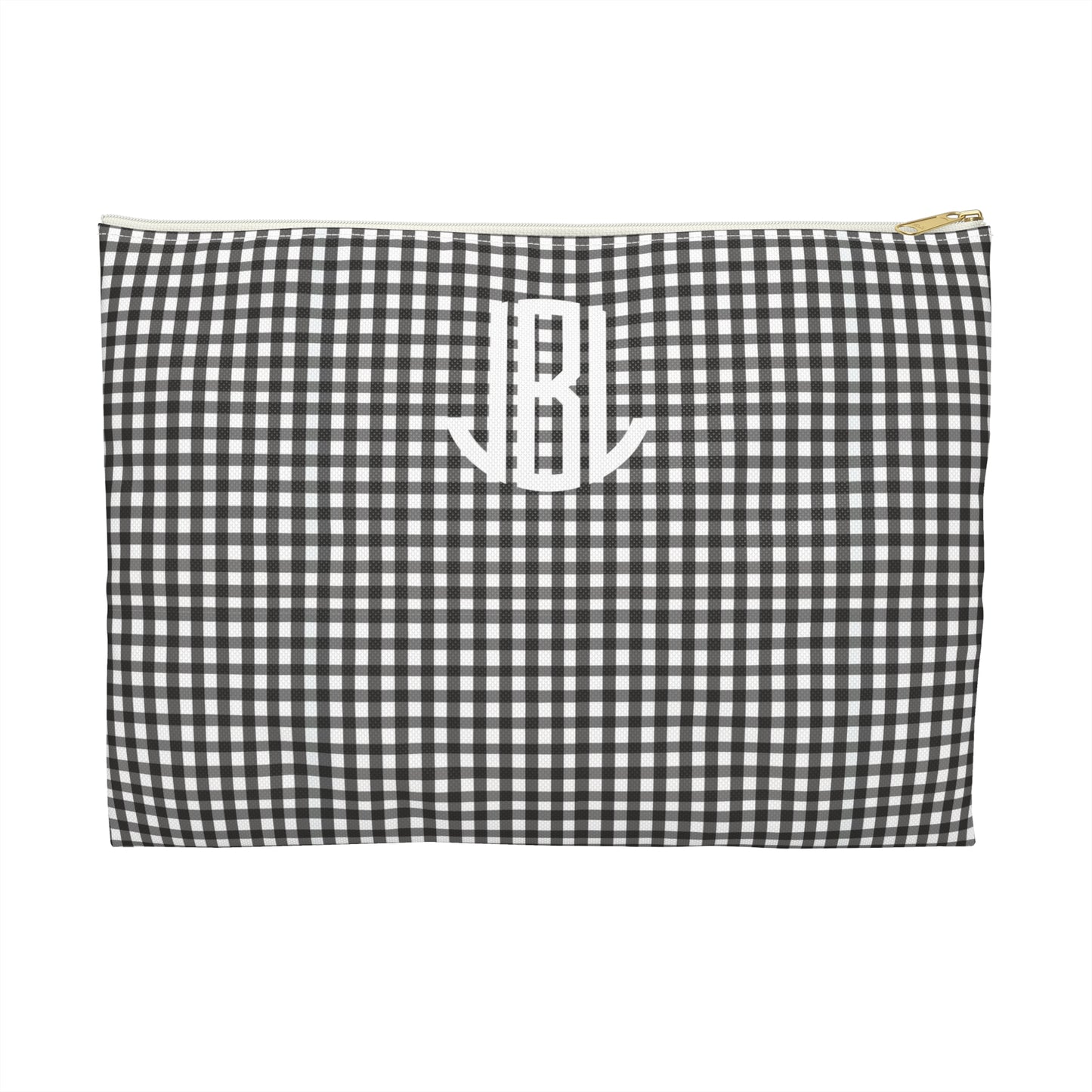 Black and white checkered pouch with 'JBL' monogram on a white background