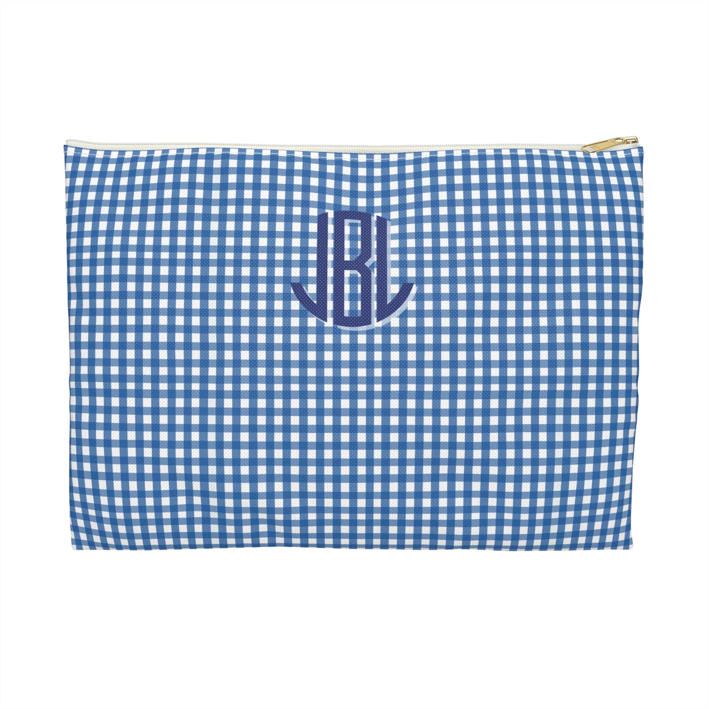 Blue and white checkered pouch with initials 'JL' on a white background