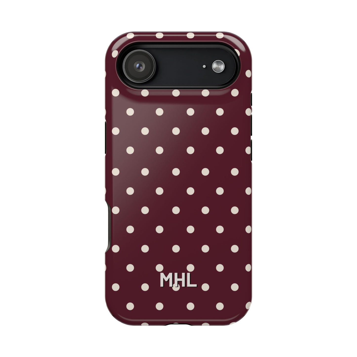 Phone case with white polka dots and 'MHL' branding on a white background