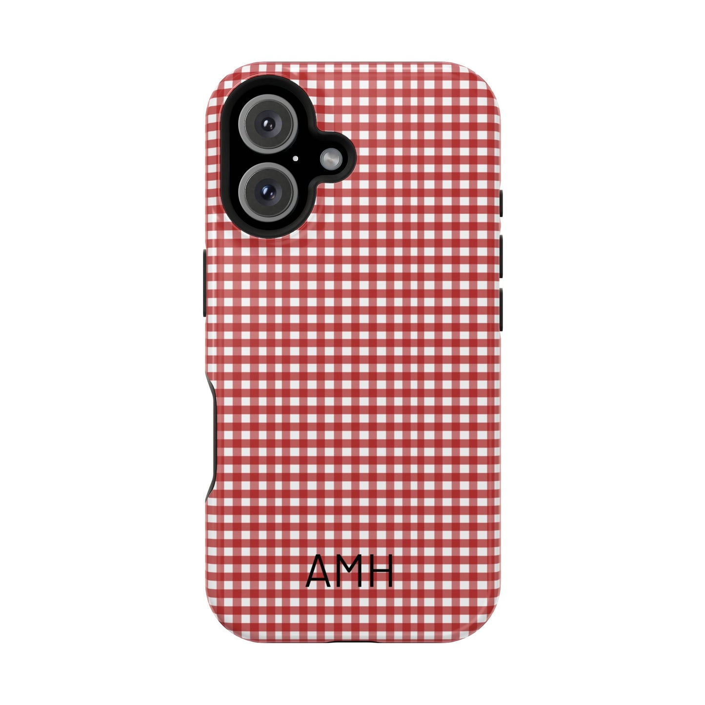 Red and white checkered phone case with 'AMH' initials on a white background