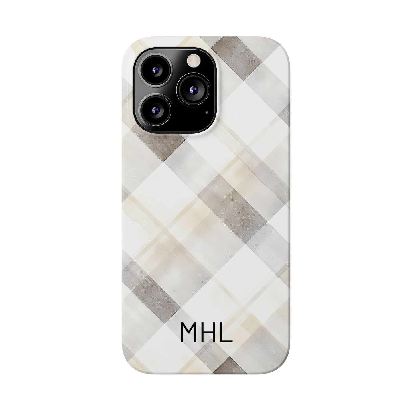 Phone case with plaid pattern and initials 'MHL' on a white background