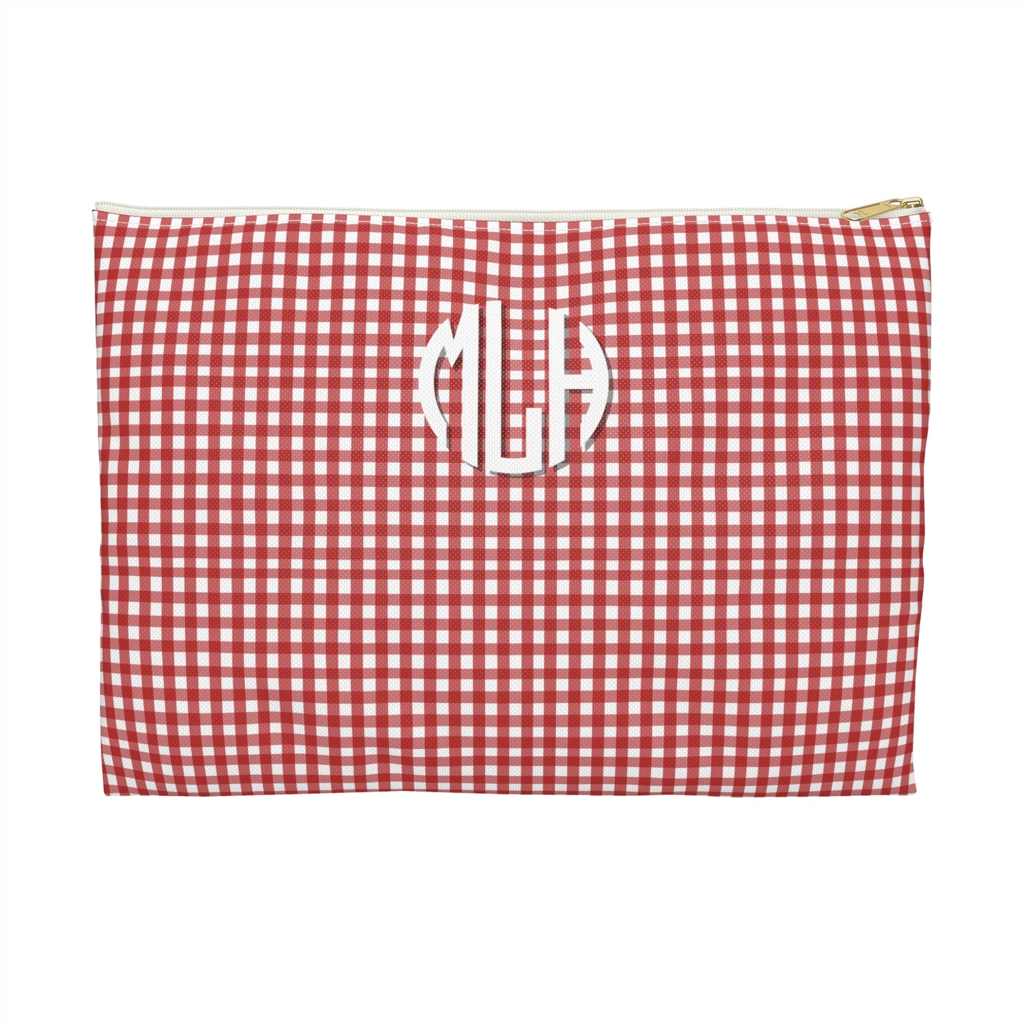 Red and white checkered pouch with 'MLH' monogram on a white background
