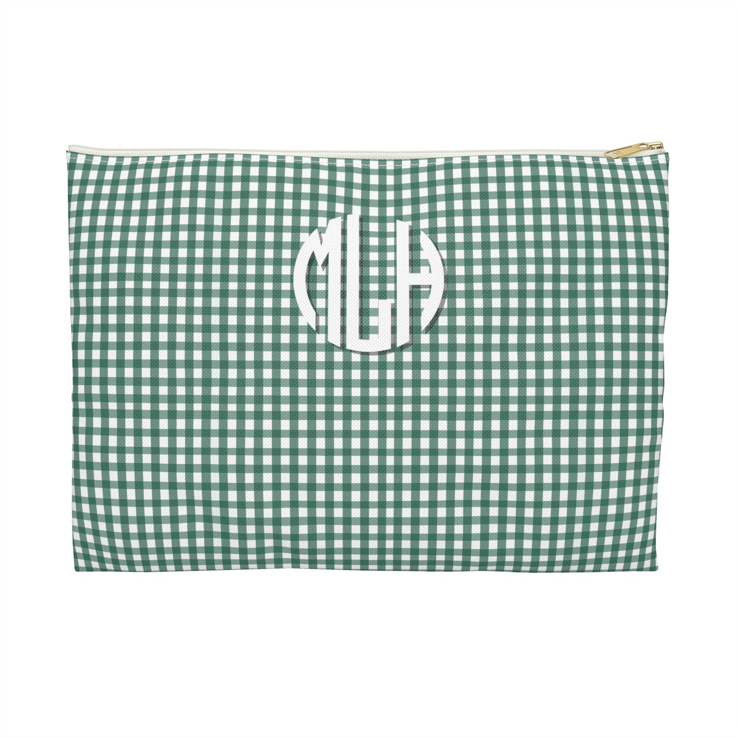 Green gingham pouch with white monogram on a white background