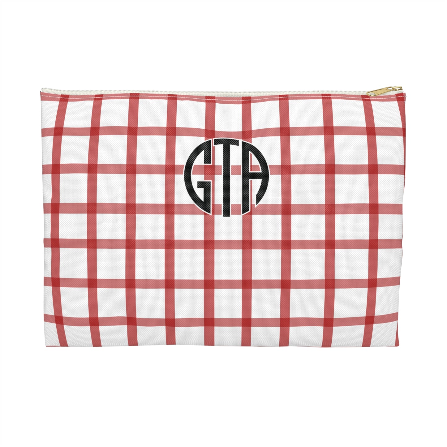 Red and white checkered pouch with 'GTA' monogram on a white background