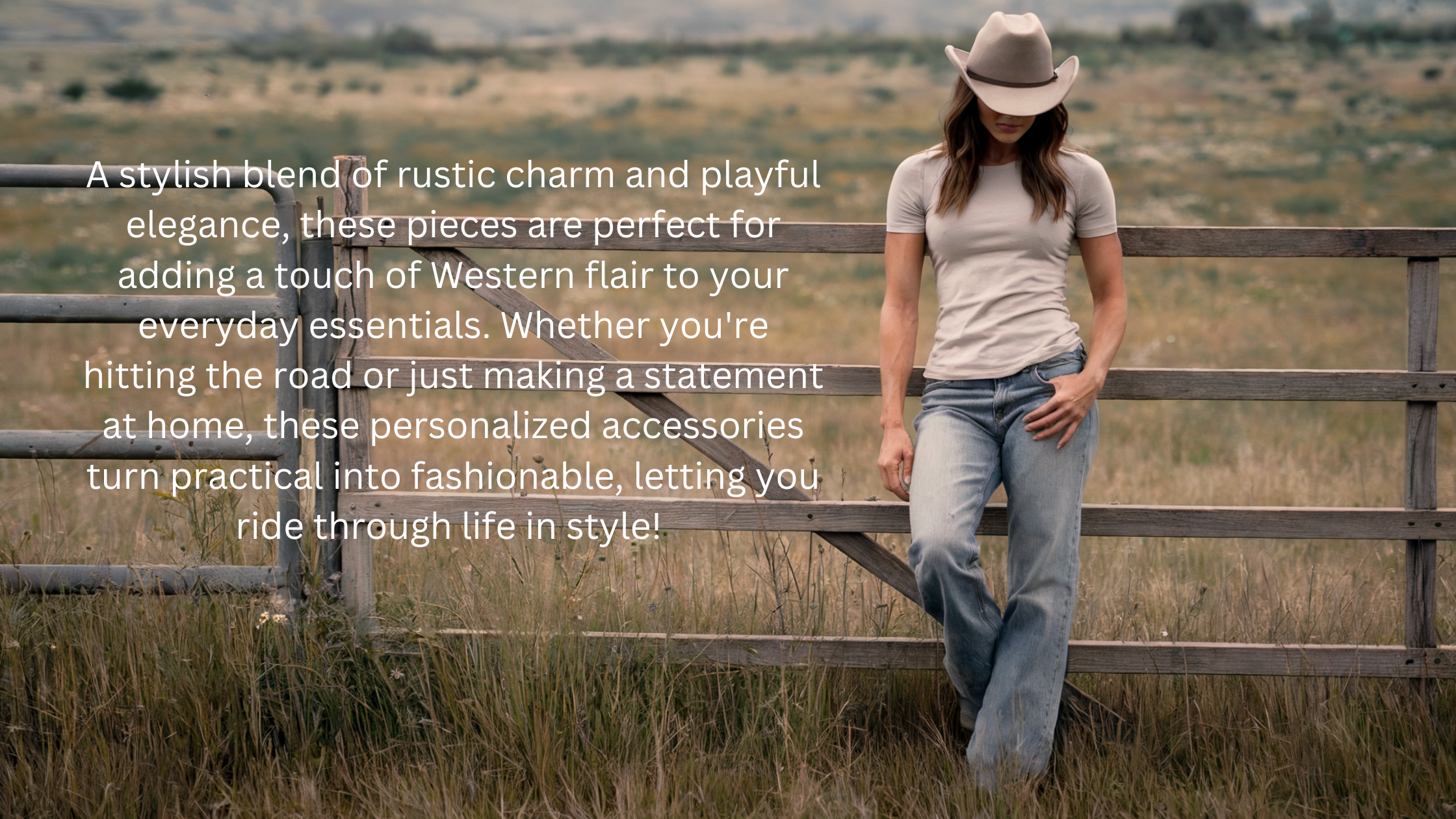 Middle aged blond woman in white t-shirt and jeans holding iPhone and leaning against a rustic fence in the coutry