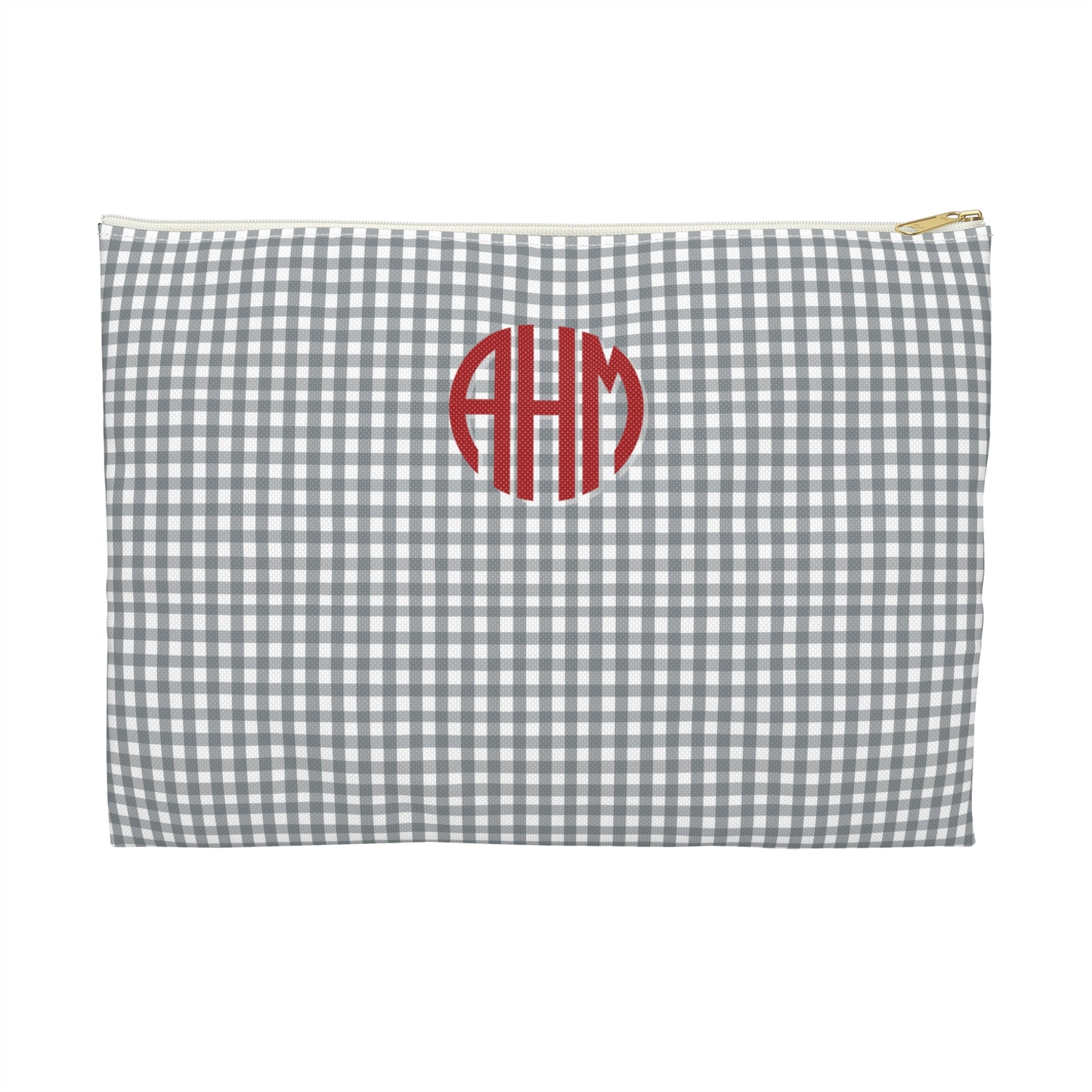Gingham check pouch with red monogram on a white background