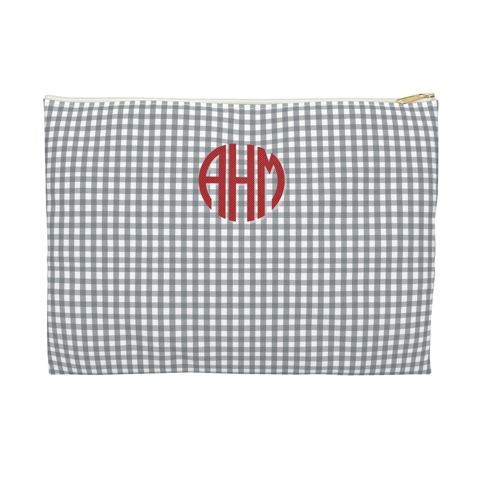 Gingham check pouch with red monogram on a white background