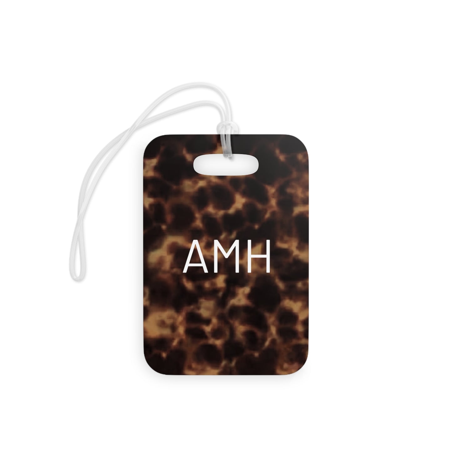 tortoise shell luggage tag with AMH monogram