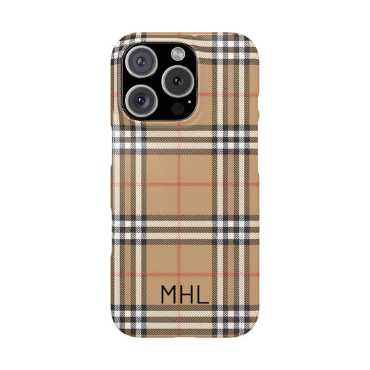 Phone case with plaid pattern and initials 'MHL' on a white background