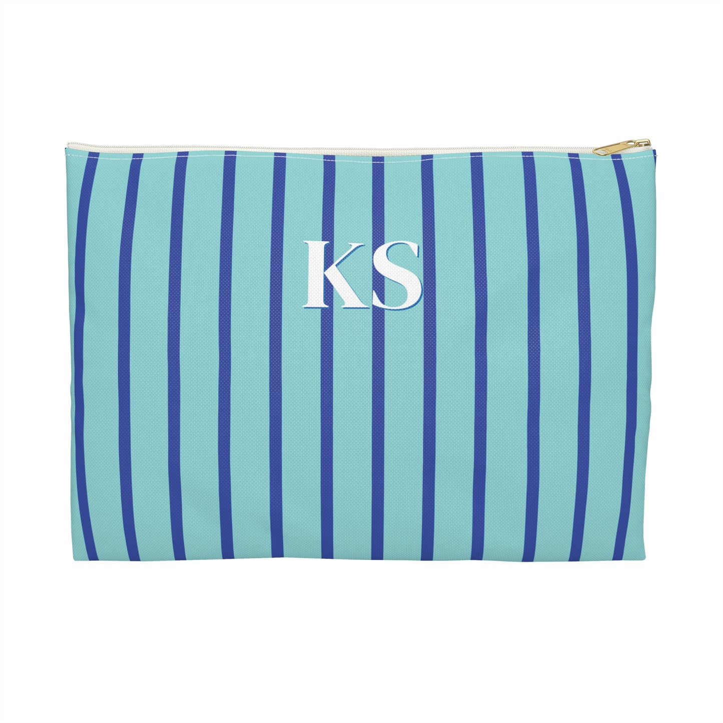 Mongrammed cosmetic bag with turquoise and blue vertical stripes