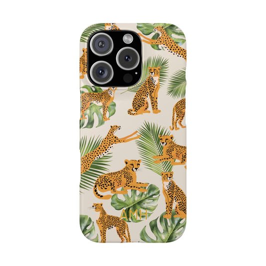 Phone case with cheetah and leaf pattern on a beige background