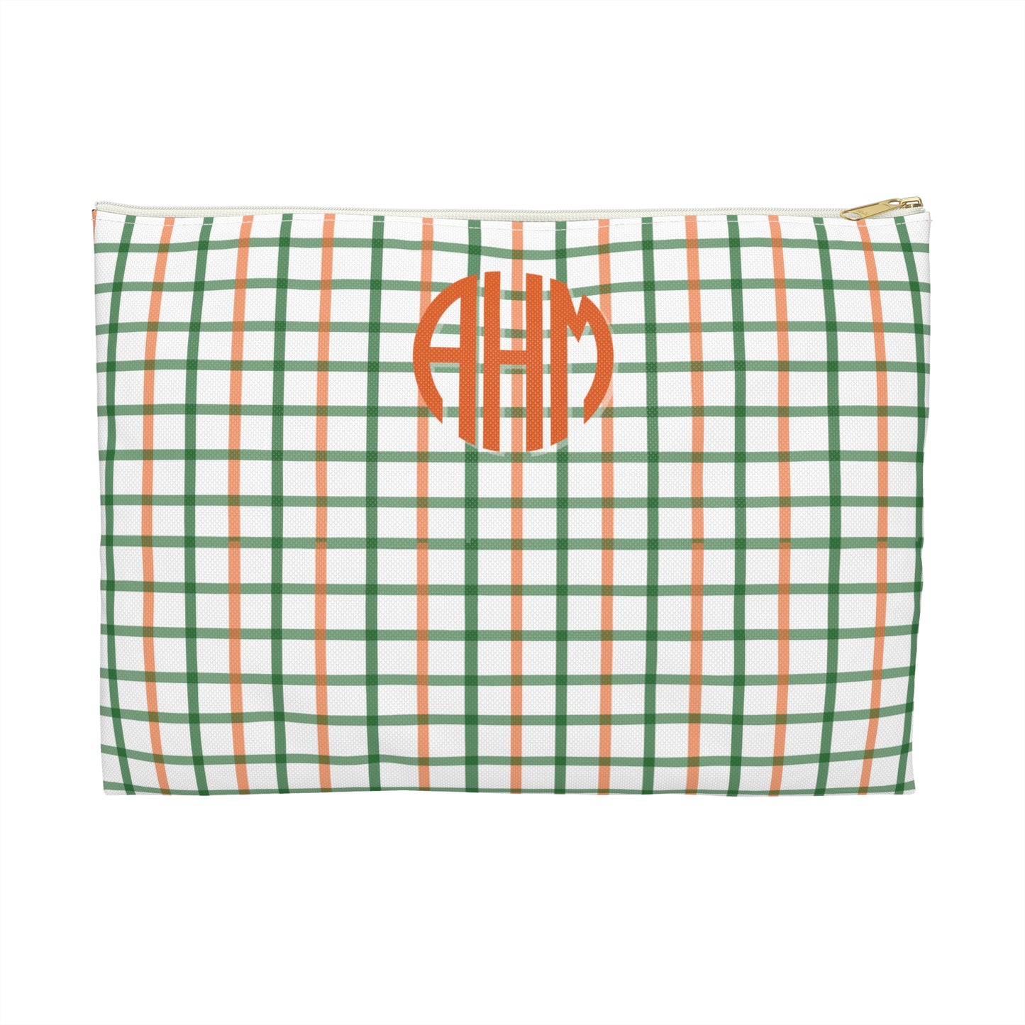 Green and orange checkered pouch with monogram on a white background