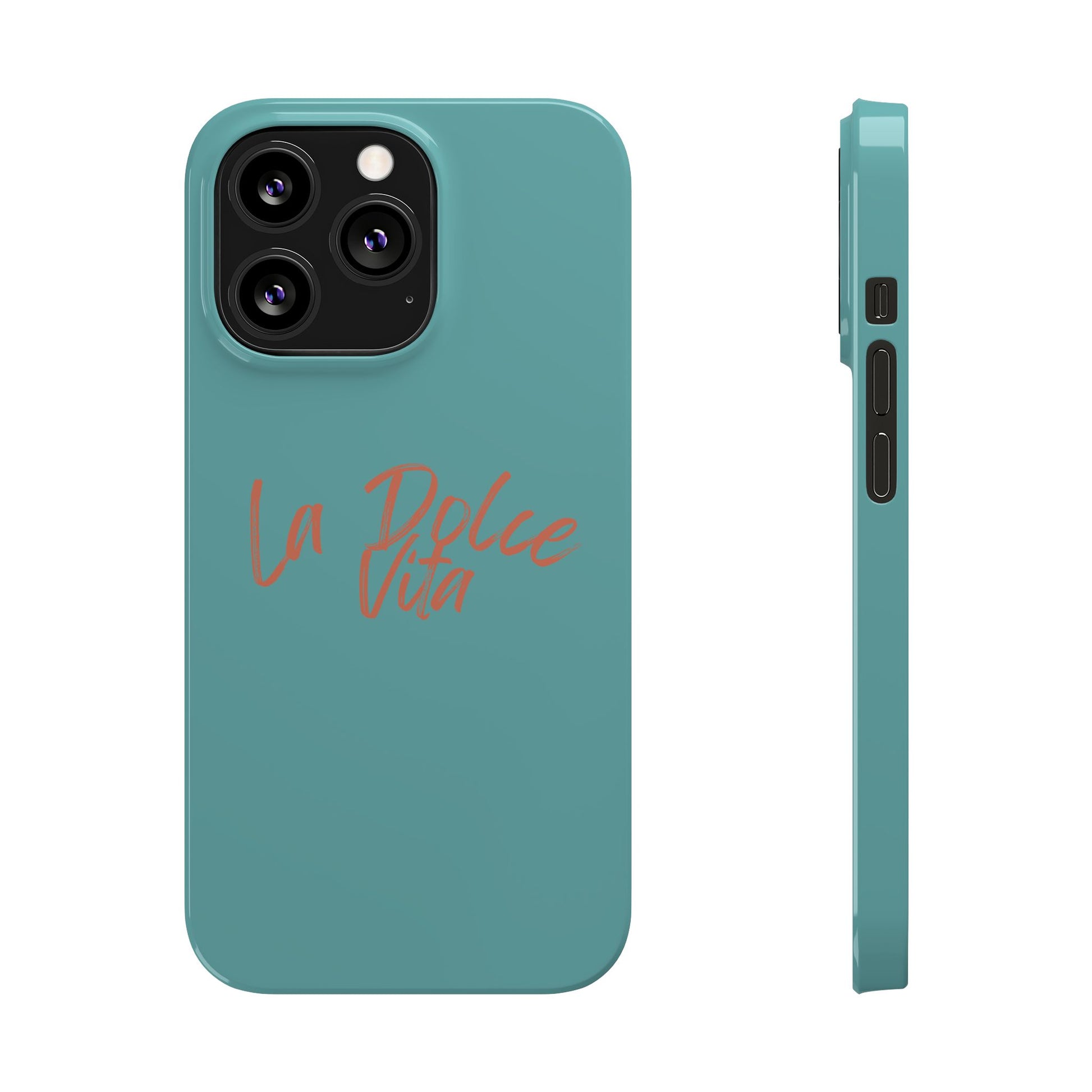 Front and side views of turquoise slim iPhone case with the phrase "La Dolce Vita" written in coral