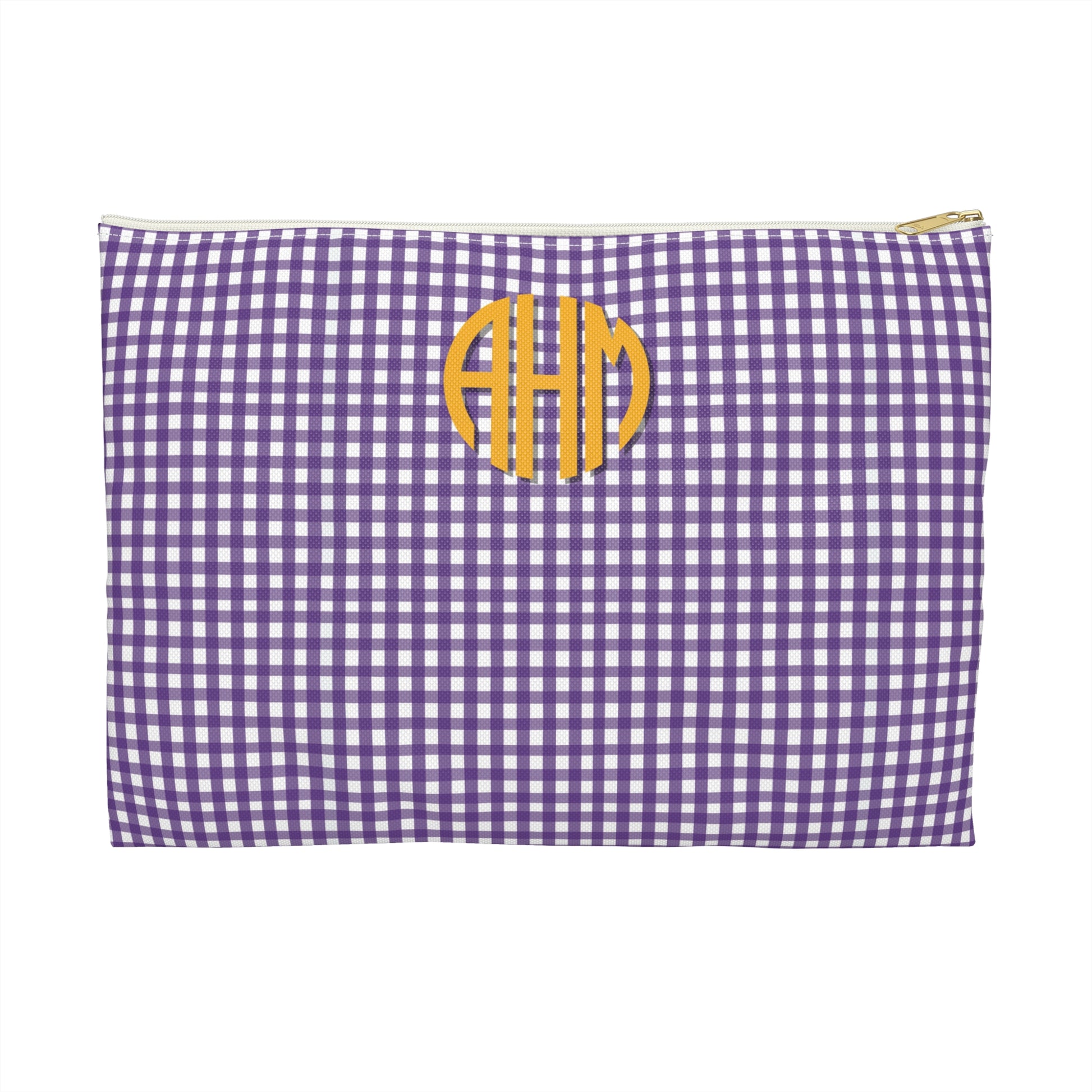 Purple and white checkered pouch with yellow monogram on a white background