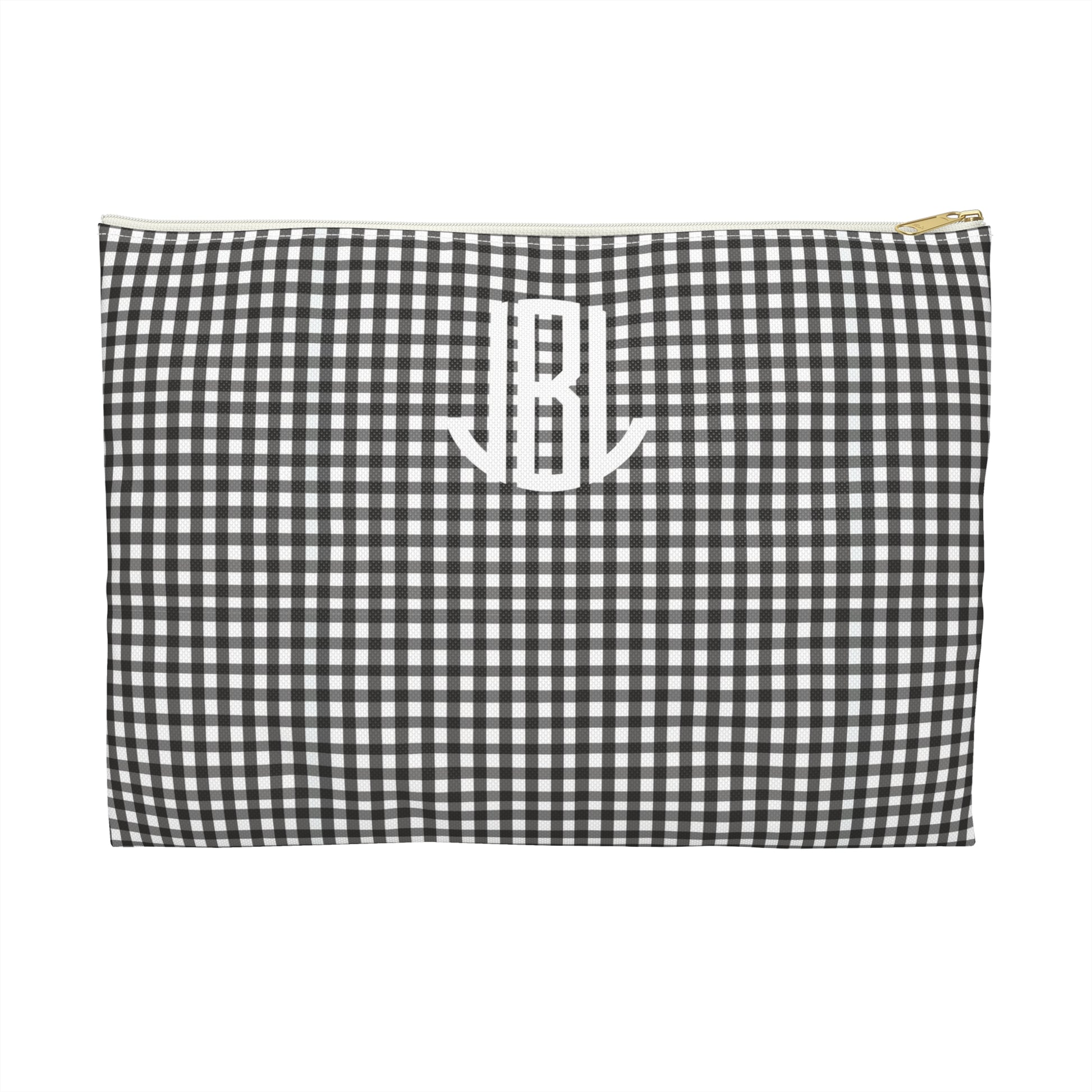 Black and white checkered pouch with 'JBL' monogram on a white background