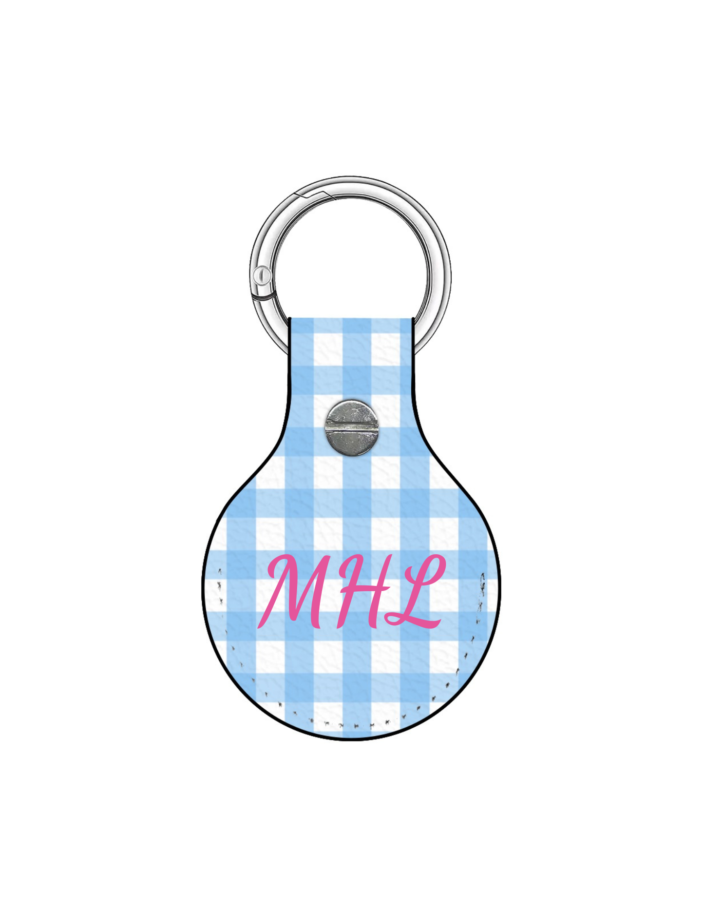 Keychain with blue gingham pattern and pink initials on a white background