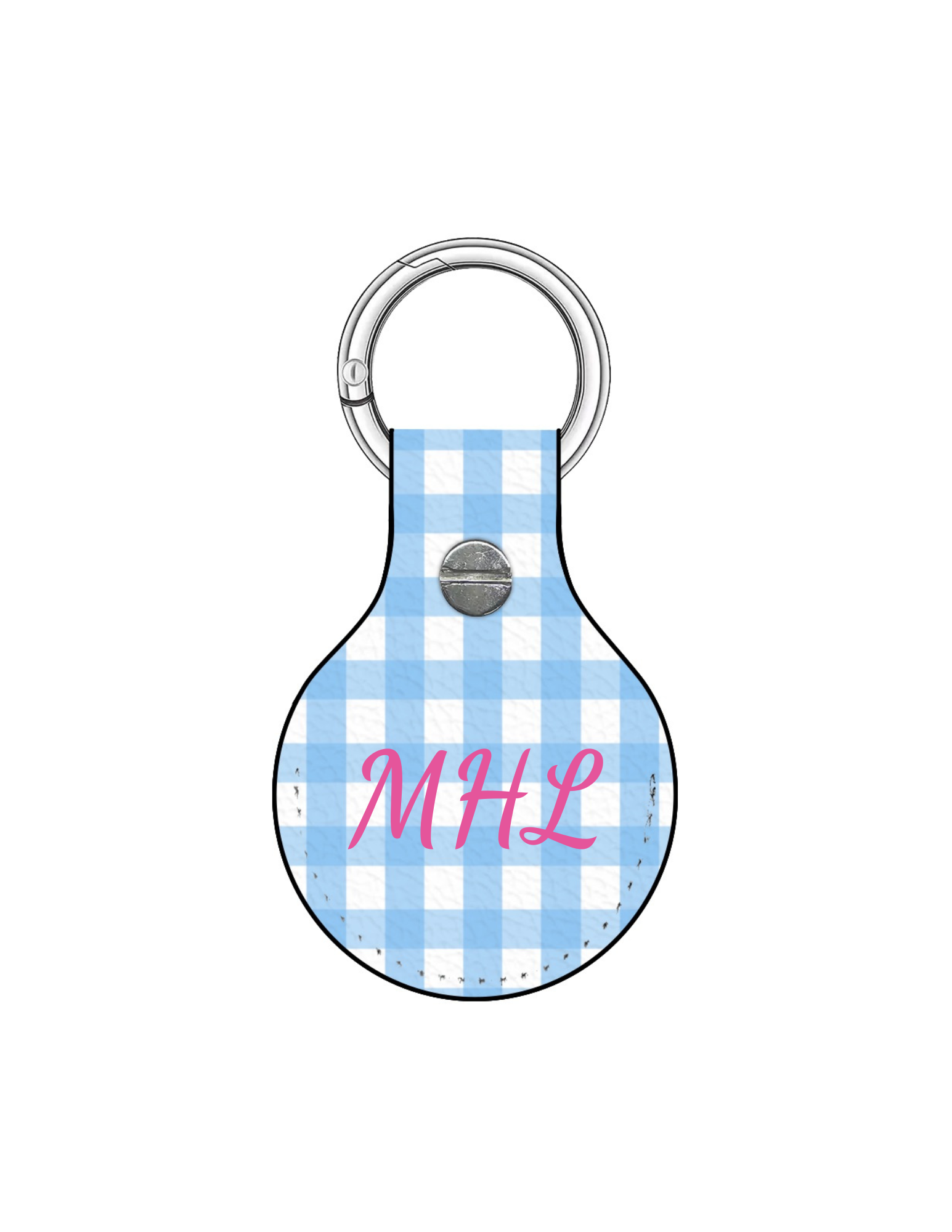 Keychain with blue gingham pattern and pink initials on a white background