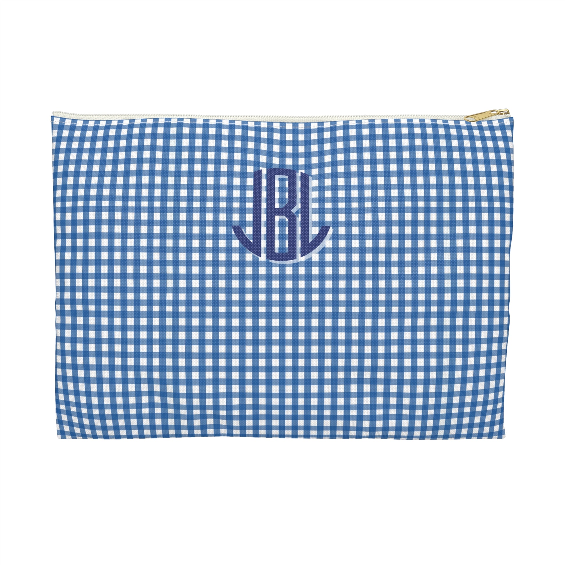Blue and white checkered pouch with initials 'JL' on a white background