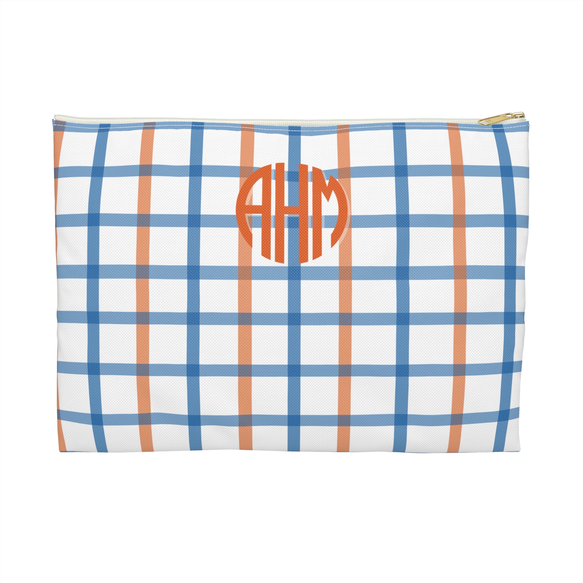 Plaid pouch with orange monogram on a white background