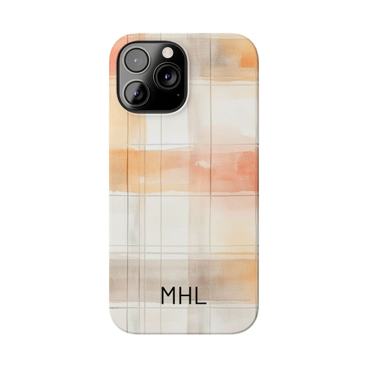 Phone case with a plaid pattern and initials 'MHL' on a white background