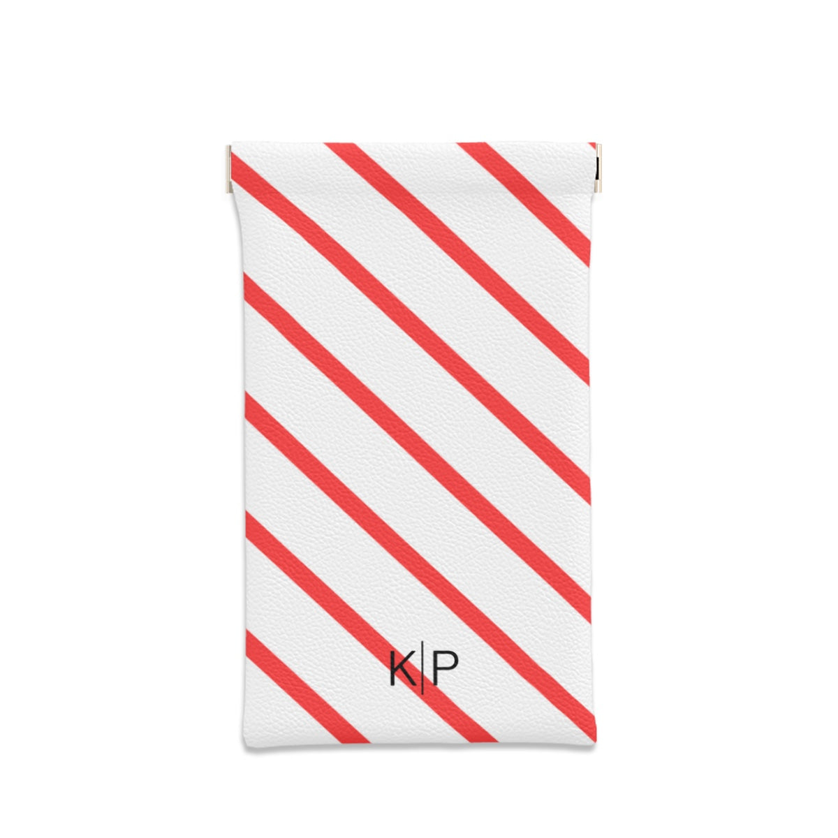 Rectangular pouch with red diagonal stripes and 'K/P' logo on a white background