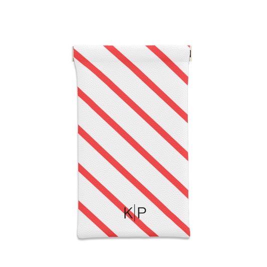 Rectangular pouch with red diagonal stripes and 'K/P' logo on a white background