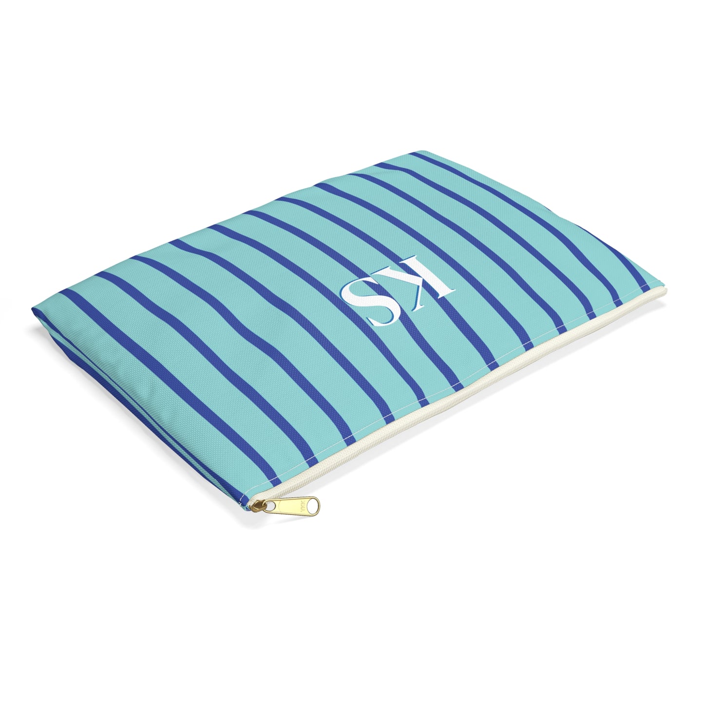 Mongrammed cosmetic bag with turquoise and blue vertical stripes