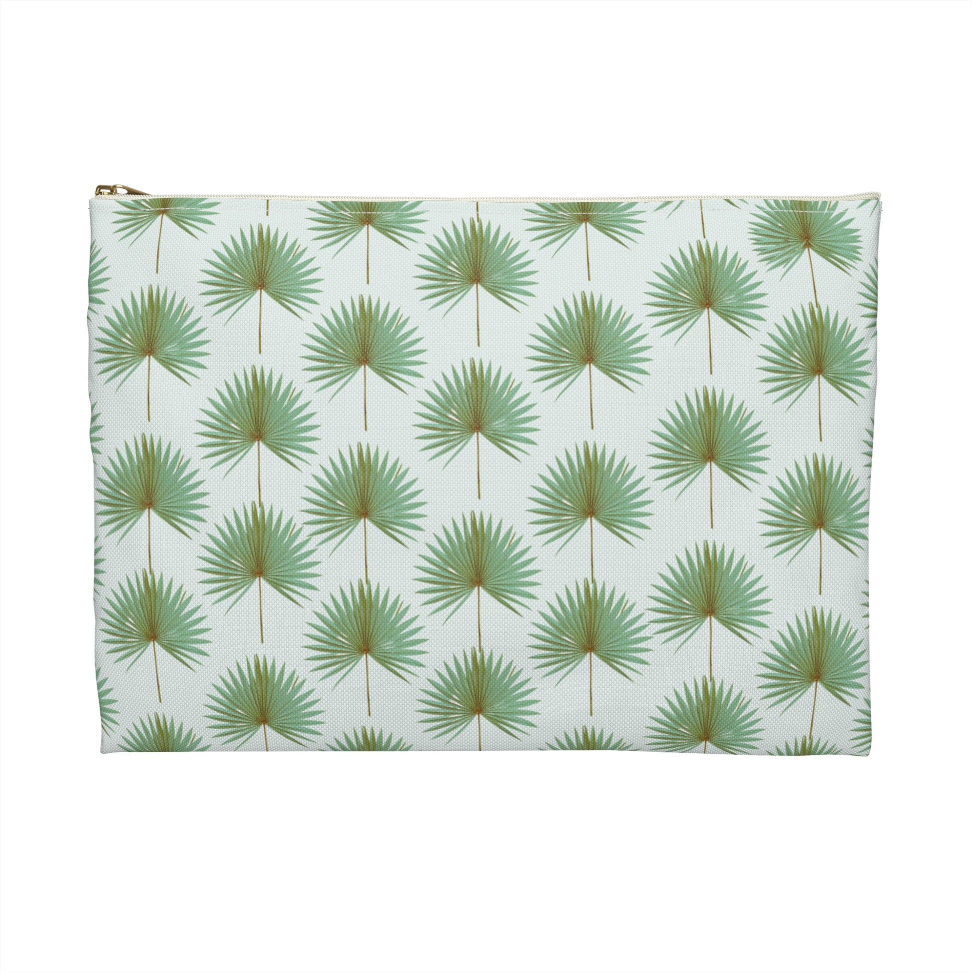 personalized cosmetic travel bag with repeating pattern of green fan palm leaves on white background