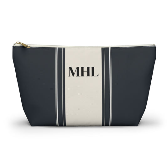 personalized black and cream striped  cosmetic travel bag