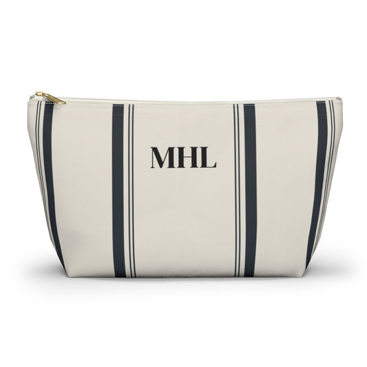 personalized black and cream striped  cosmetic travel bag