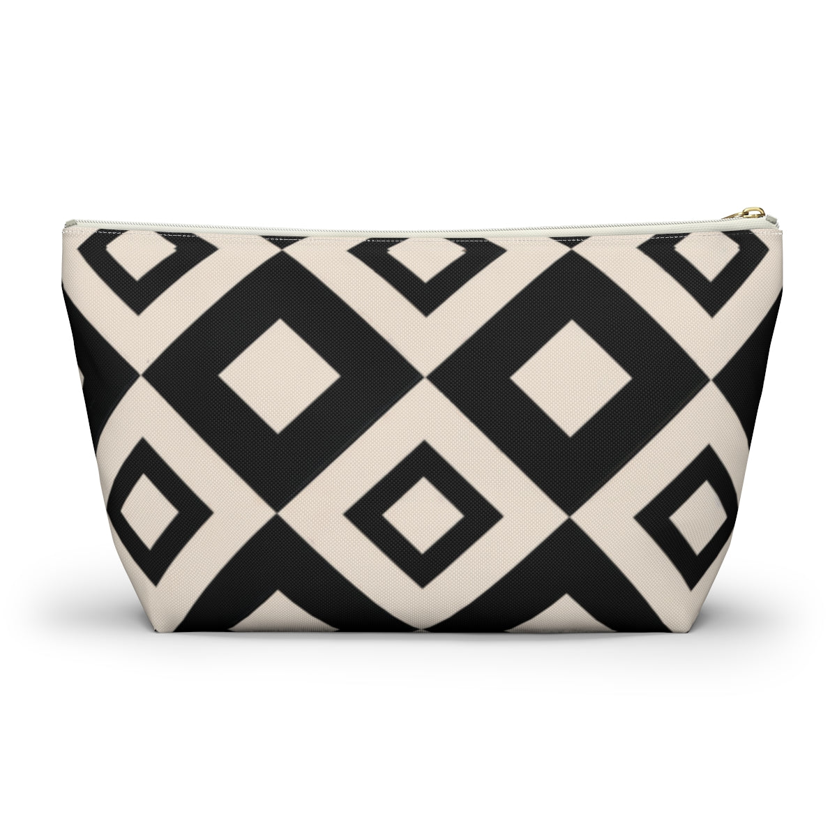 back side view of Monogrammed cosmetic travel bag in a repeating black and cream diamond pattern with white and gold zipper