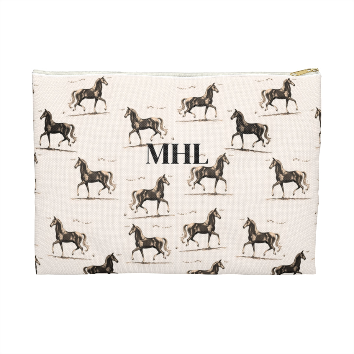 front view of personalized cosmetic travel bag with black monogram and repeating pattern of brown horses on a cream background