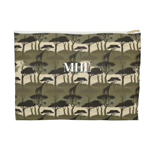 Personalized cosmetic bag with white monogram on repeating pattern of a silhouette of giraffes and trees in olive green and cream