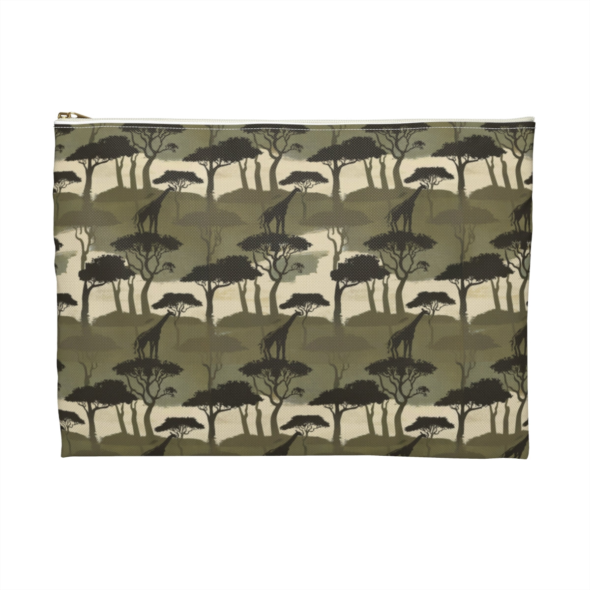 back side of personalized cosmetic bag with white monogram on repeating pattern of a silhouette of giraffes and trees in olive green and cream