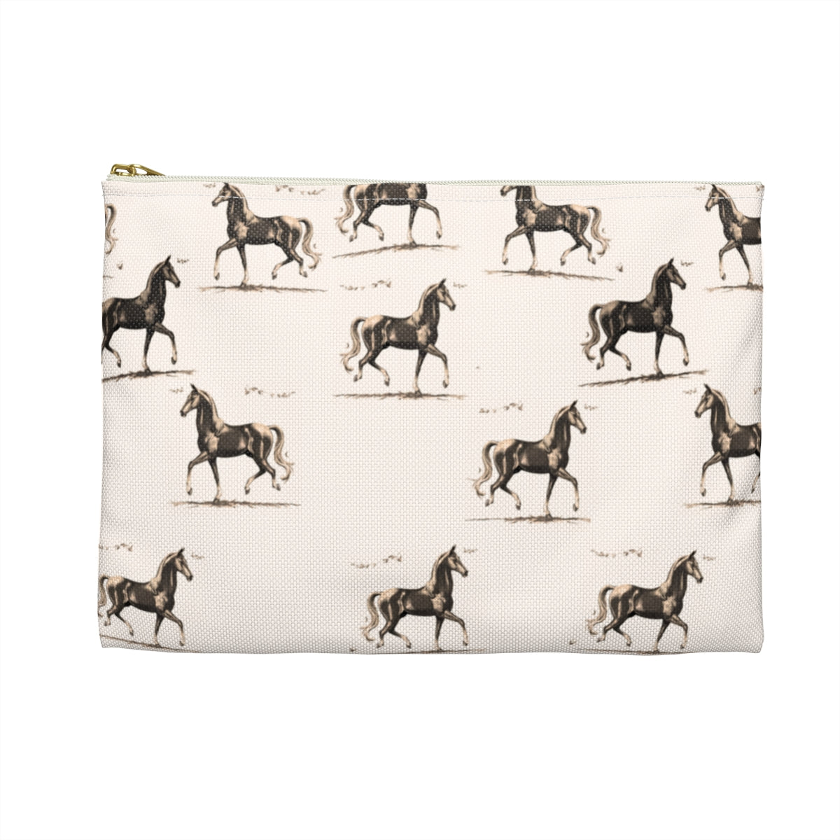 backside view of personalized cosmetic travel bag with black monogram and repeating pattern of brown horses on a cream background