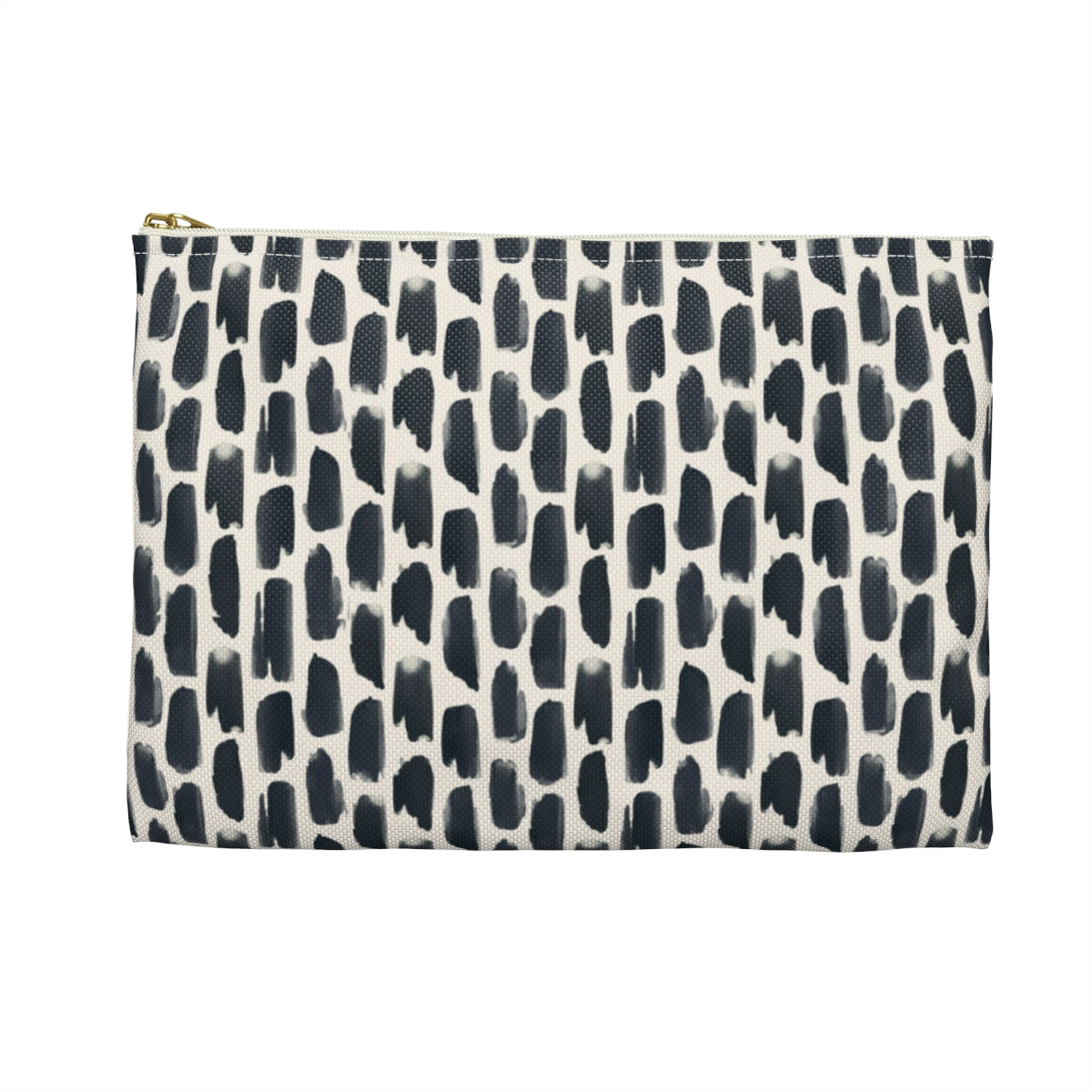 Rear view of Personalized cosmetic travel bag with white monogram letters on a background of repeating abstract black and cream animal print design