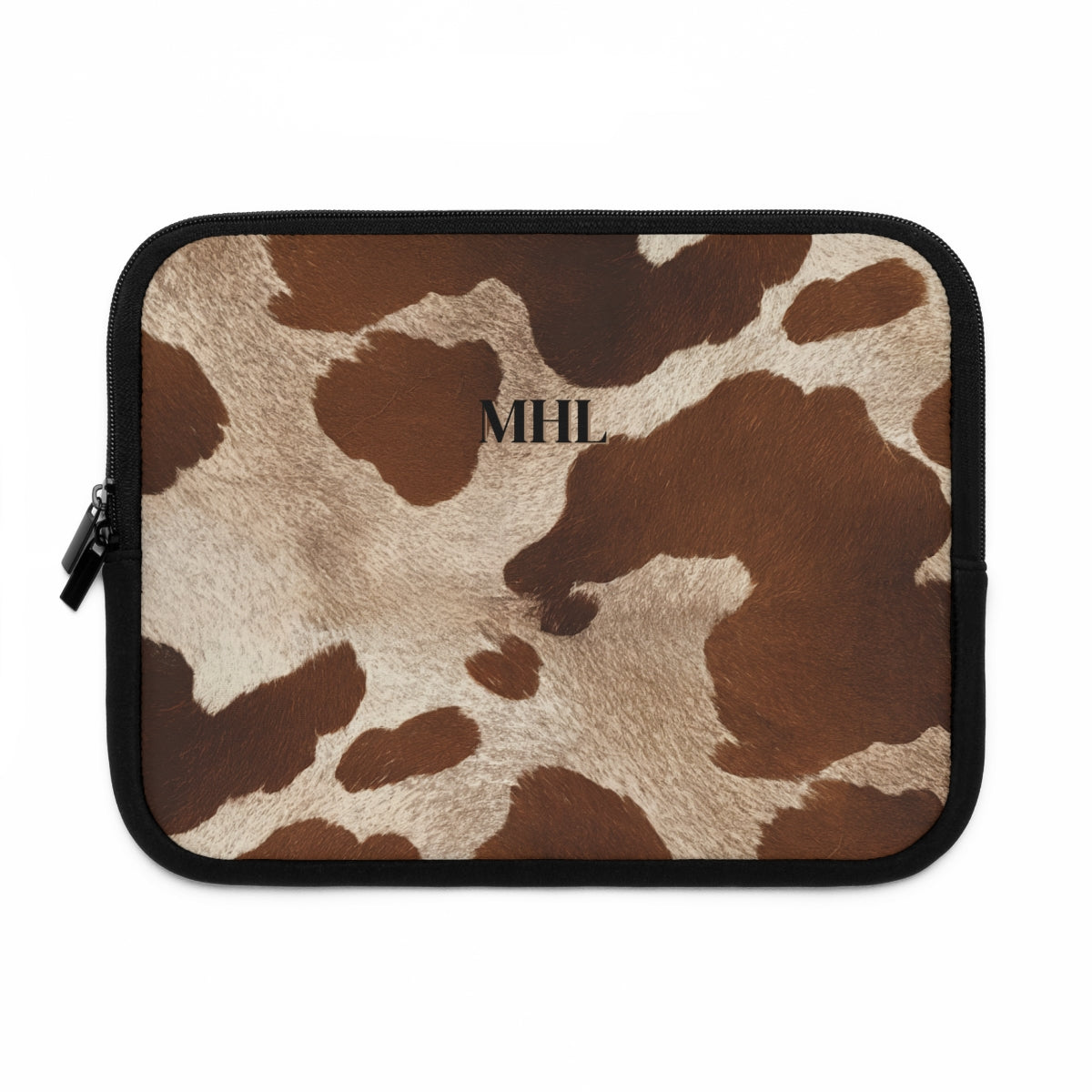 monogrammed neoprene laptop sleeve with brown and cream cowhide print