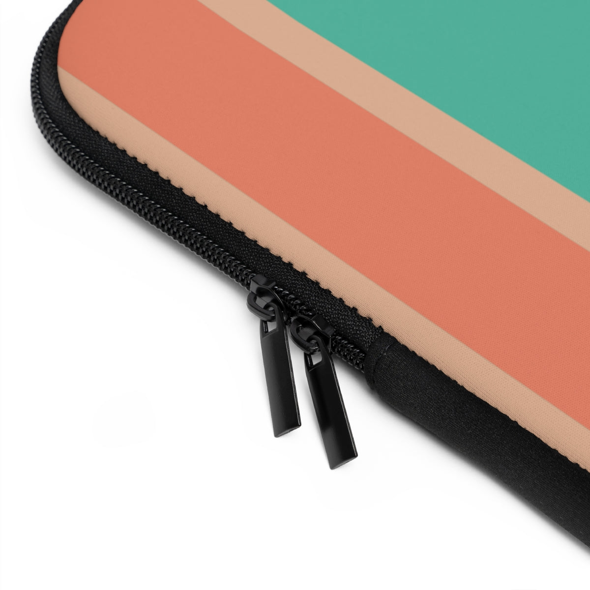 close up zipper view of monogrammed neoprene laptop case with vertical turquoise and orange stripes