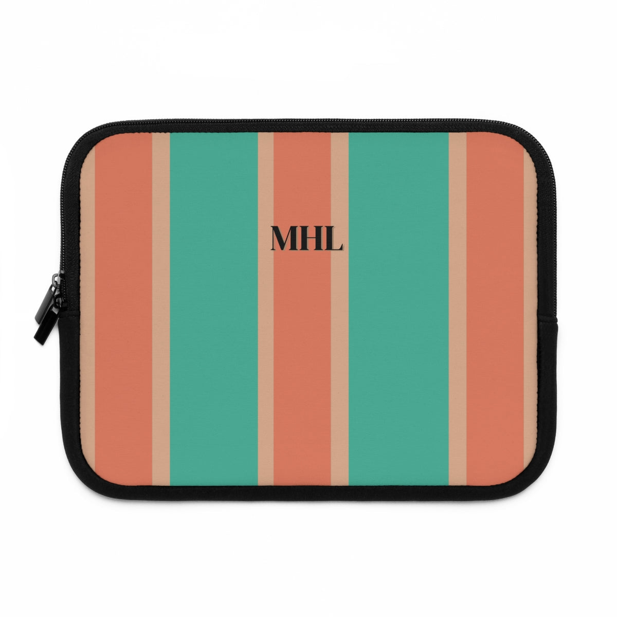 monogrammed neoprene laptop case with vertical turquoise and orange stripes