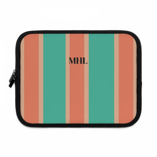 monogrammed neoprene laptop case with vertical turquoise and orange stripes