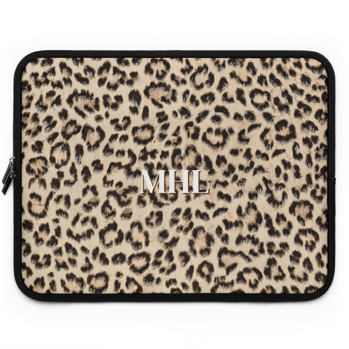 front view of personalized neoprene laptop sleeve with white monogram on leopard print background