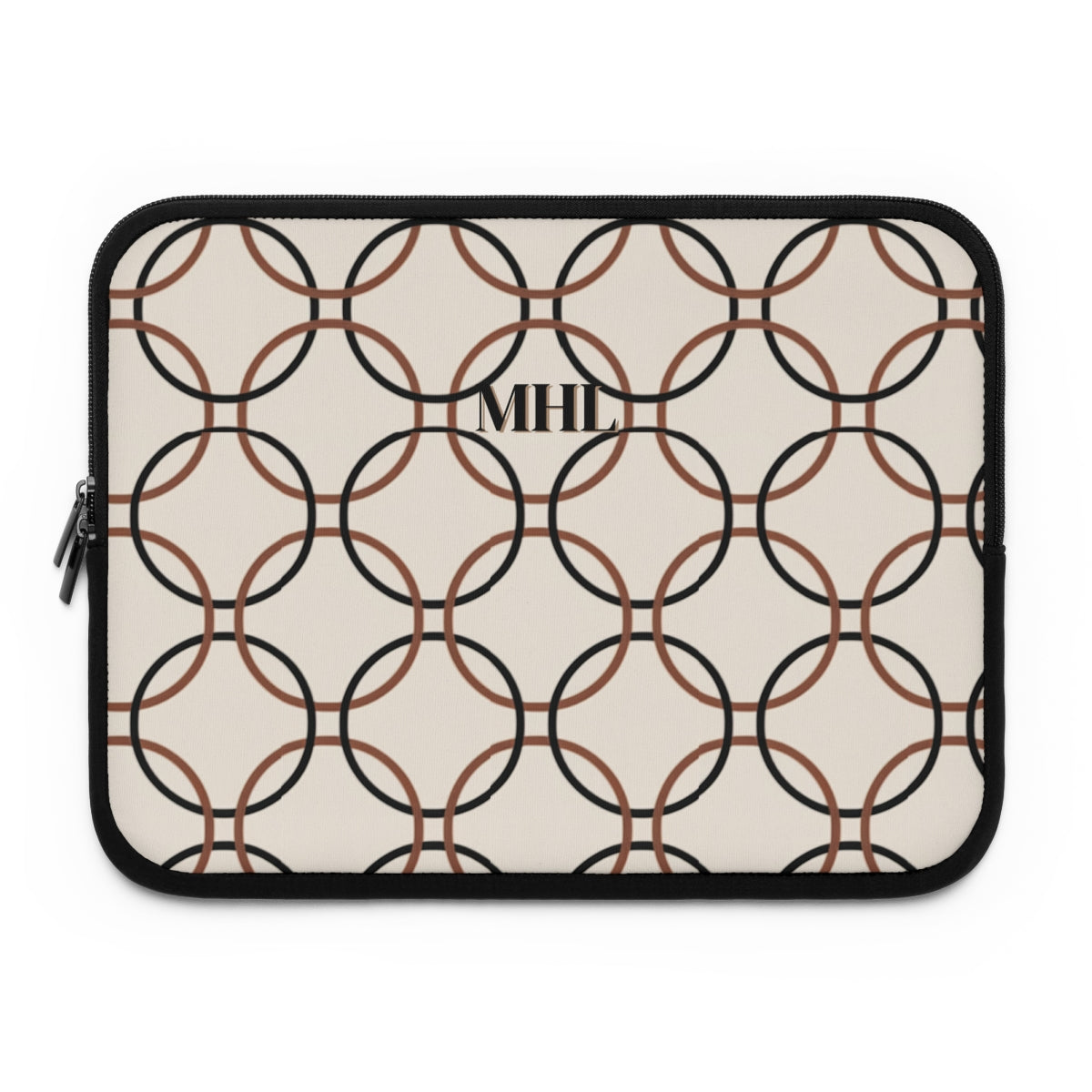 monogrammed  neoprene laptop case in a black and brown repeating interlocking circles