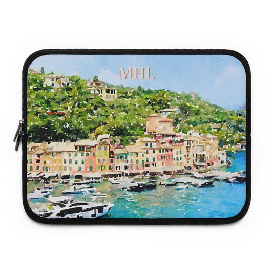 monogrammed neoprene laptop case with illustration of Portofino on the front