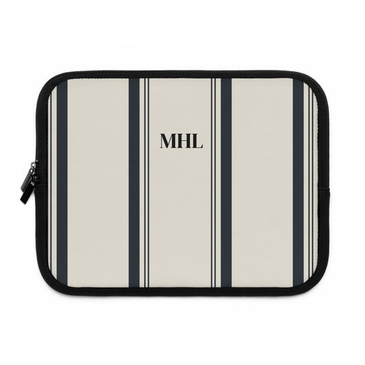 monogrammed neoprene laptop case in cream with multiple vertical black stripes 