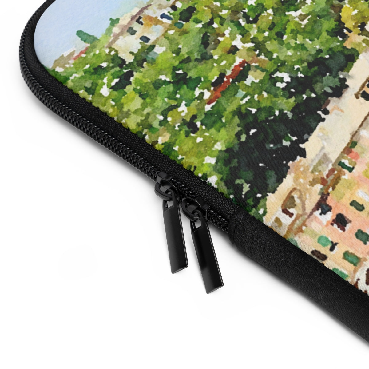 close up view of zipper on monogrammed neoprene laptop case with illustration of Portofino on the front