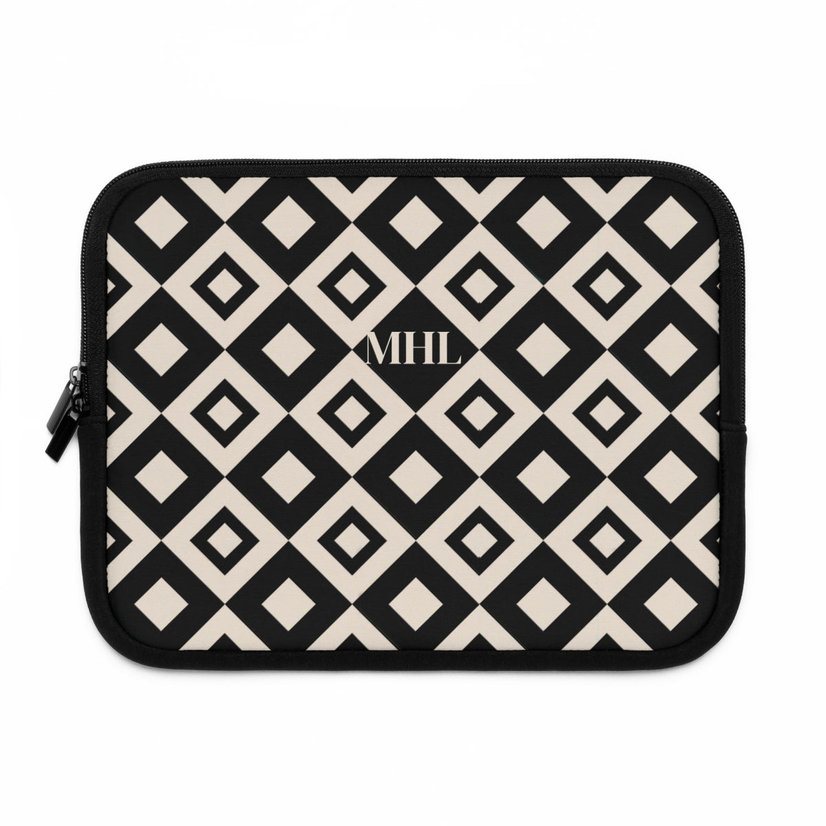 monogrammed  neoprene laptop case in a black and cream repeating diamond print