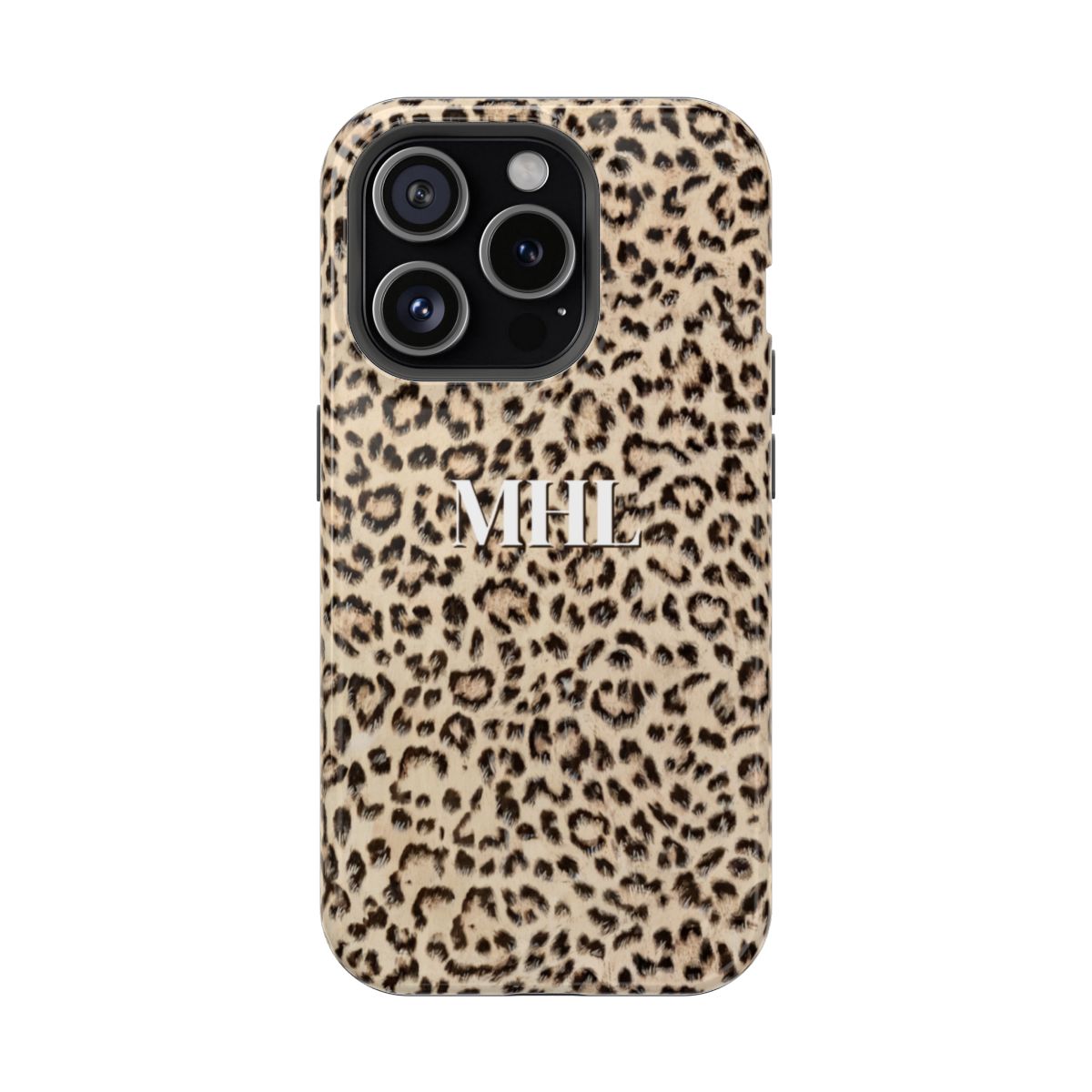 front view of personalized magnetic tough iPhone case with white monogram on leopard print background