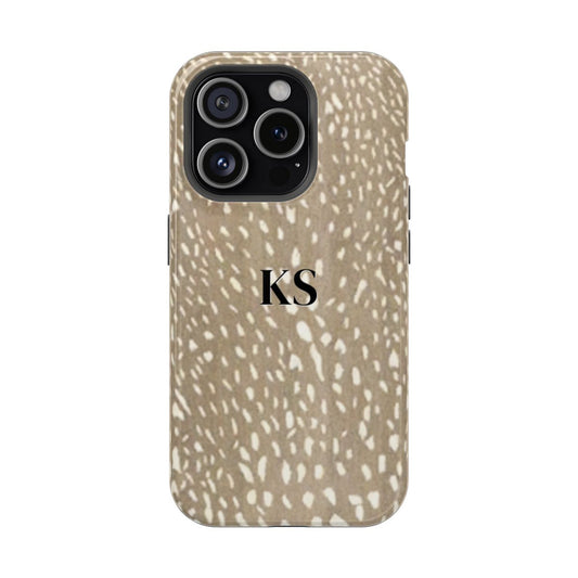 Personalized magnetic tough iPhone case with black monogram on a spotted deer print pattern background in tan and cream